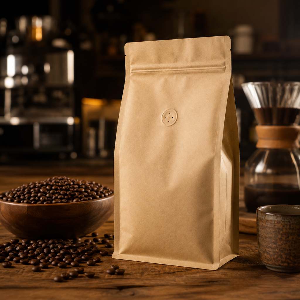 Custom Flat Bottom Coffee Bags Displayed in a Premium Coffee Shop Environment